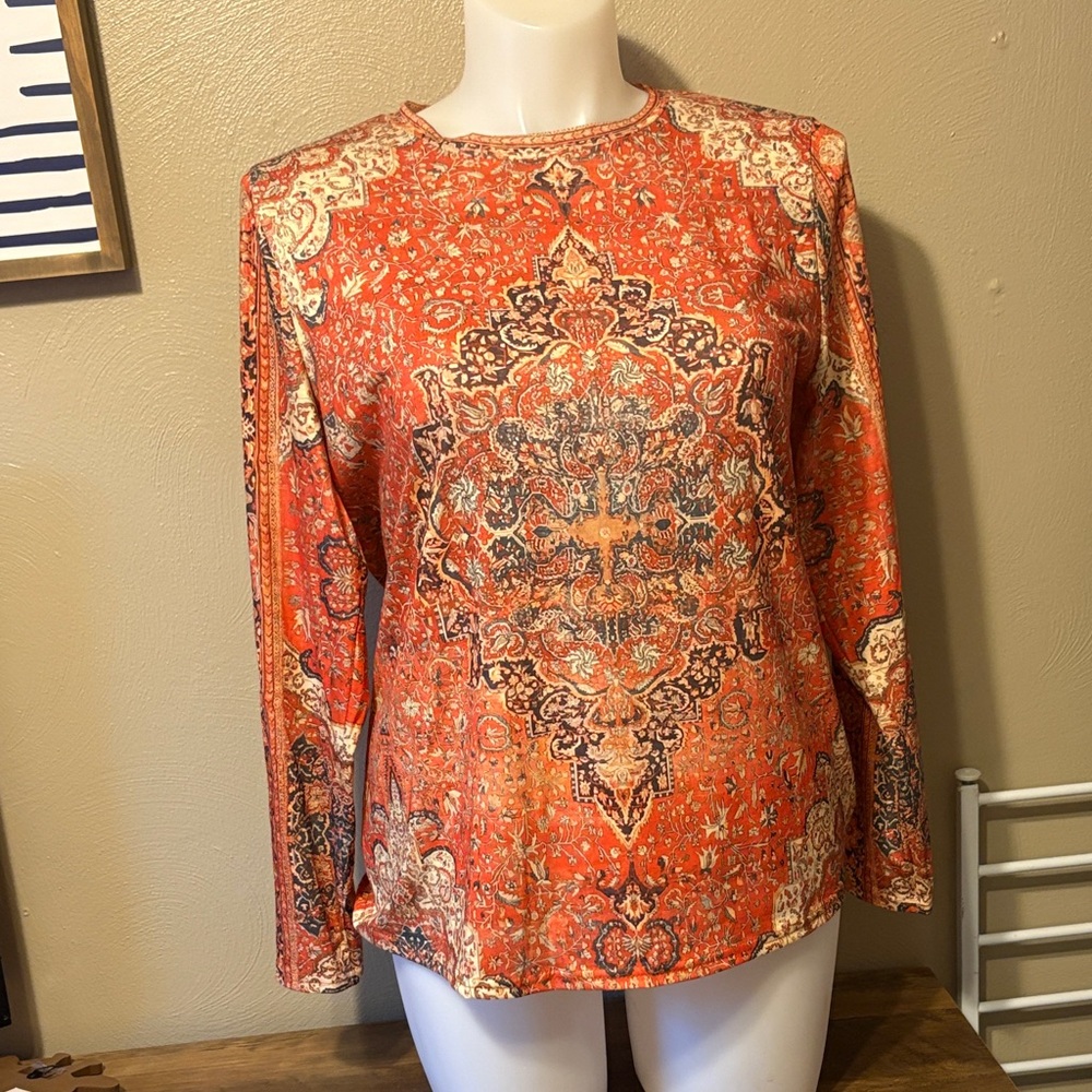 Vibrant Orange Patterned Women's Blouse - Picture 1 of 6